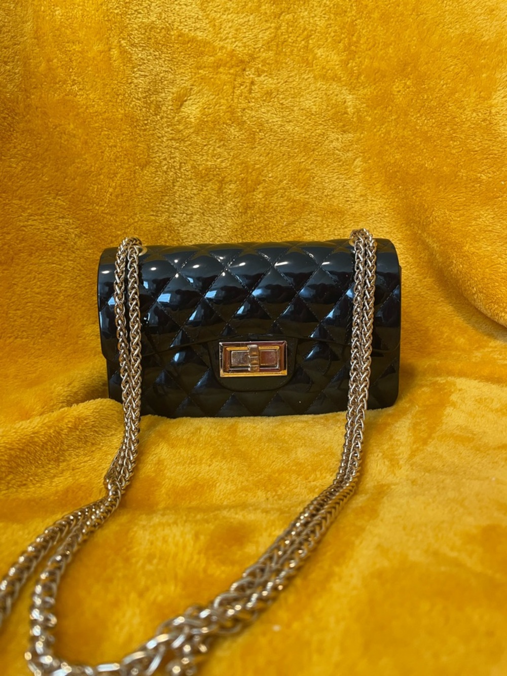 Quilted Patent Mini Shoulder Bag in Black with Gold Chain